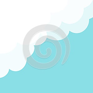 Blue sky Fluffy white cloud in the corner. Frame template. Cloudy weather. Cloudshape. Flat design. Pastel background. Isolated