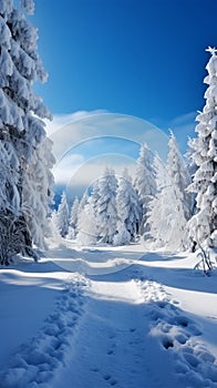 Blue sky frames winter landscape with snowy fir trees, serenity