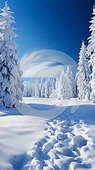 Blue sky frames winter landscape with snowy fir trees, serenity