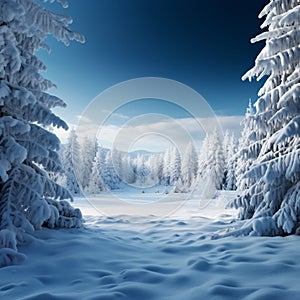 Blue sky frames winter landscape with snowy fir trees, serenity