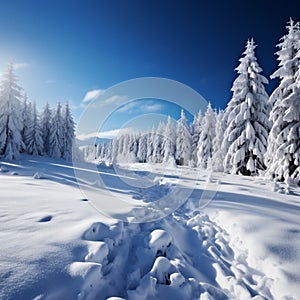 Blue sky frames winter landscape with snowy fir trees, serenity