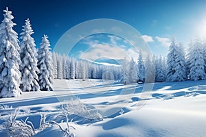 Blue sky frames winter landscape with snowy fir trees, serenity