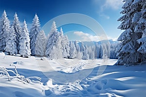 Blue sky frames winter landscape with snowy fir trees, serenity