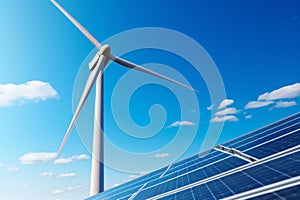 Blue sky, green energy, Solar panel and wind turbine unite