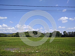 Blue sky green field hill in the distances