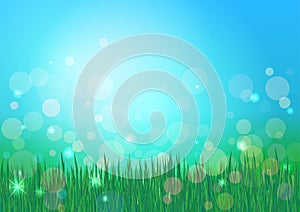 Blue sky and green grass nature backdrop. Bokeh vector background. Blur and shiny effect.