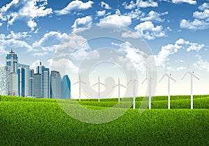 Blue sky, green grass and skyscrapers