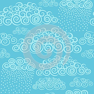 Blue sky with hand drawn stylize cute curly clouds.