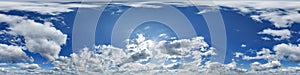 blue sky 360 hdri panorama view with zenith and clouds for use in 3d graphics or game development as skydome or edit drone shot or photo