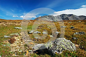 Blue sky, lake and mountains.
