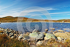 Blue sky, lake and mountains.