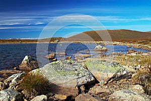 Blue sky, lake and mountains.