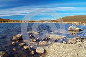 Blue sky, lake and mountains.