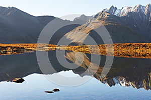 Blue sky, lake and mountains.