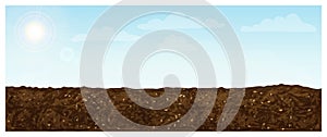 Blue sky and land background. horizontal sky and ground landscape. vector panoramic illustration of fertile brown plowed field.