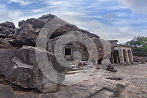 Blue sky Landscape View of the Khandagiri and Udayagiri caves complex in Bhubaneswar - Odisha, India