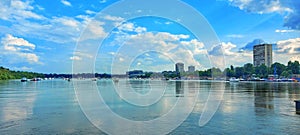 Blue sky and light white clouds above river Danube in Zemun, Serbia