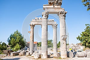 With blue sky,Marble columns of Temple of Tyche, goddess of fortune, Roman, late first century AD, Olba, Uzuncaburc