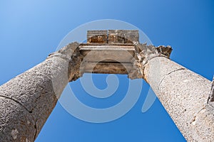 With blue sky,Marble columns of Temple of Tyche, goddess of fortune, Roman, late first century AD, Olba, Uzuncaburc