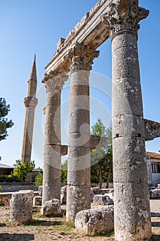 With blue sky,Marble columns of Temple of Tyche, goddess of fortune, Roman, late first century AD, Olba, Uzuncaburc