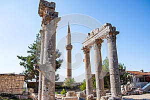 With blue sky,Marble columns of Temple of Tyche, goddess of fortune, Roman, late first century AD, Olba, Uzuncaburc