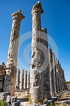 With blue sky,Marble columns of Temple of Tyche, goddess of fortune, Roman, late first century AD, Olba, Uzuncaburc