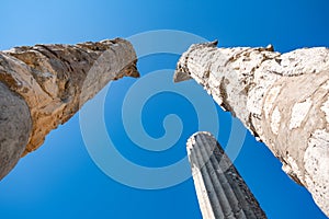 With blue sky,Marble columns of Temple of Tyche, goddess of fortune, Roman, late first century AD, Olba, Uzuncaburc