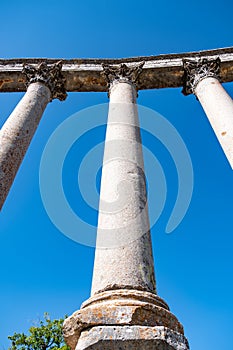 With blue sky,Marble columns of Temple of Tyche, goddess of fortune, Roman, late first century AD, Olba, Uzuncaburc