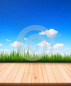 Blue sky with meadow and wooden floor