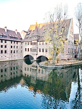 Blue sky mirrowed in the waters of the Pegnitz, Nuremberg, Germany