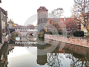 Blue sky mirrowed in the waters of the Pegnitz, Nuremberg, Germany