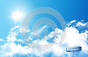 Blue sky nature background with white  transparent clouds and sun. Vector