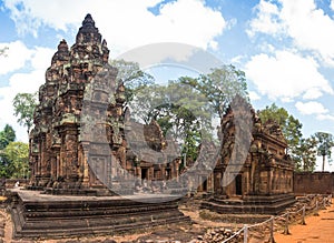 Blue sky near the entrance to ancient Preah Khan temple in Angkor. Siem Reap, Cambodia.