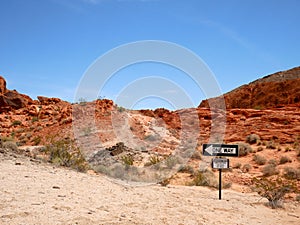 Blue sky and one way sign on the desert of valley of fire nevada