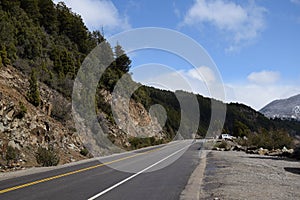 Blue sky over the asphalt road in San Martin de los Andes, Neuquen, Argentina