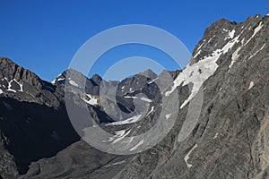 Blue sky over Mueller Glacier and mountains, New Zealand