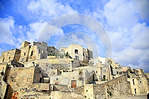 Blue sky over the structure of the houses of the Sasso Caveoso of Matera, European Capital of Culture 2019