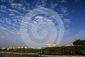 Blue sky with peacefull cotton clouds photo