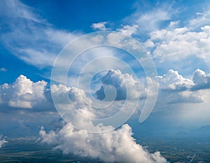 blue sky in plane aerial view with clouds