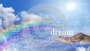 Blue sky and rainbow Dare to Dream word cloud