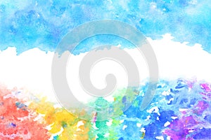 Blue sky and rainbow, natural watercolor paint texture backgroun