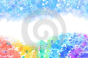 Blue sky and rainbow, natural watercolor paint texture backgroun