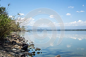 Blue sky reflected in waters of Elmenteita Lake, Kenya