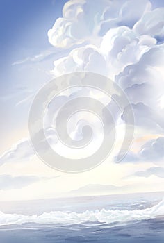 Blue sky, white clouds, sea, summer background illustration