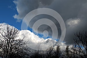 Blue sky before a strong storm with black clouds