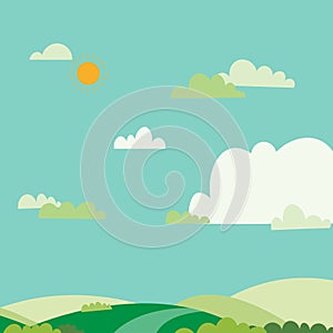 Blue sky sun and green field.Nature landscape on summer.Vector illustration.Green hills with sky and clouds