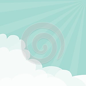 Blue sky. Sun light rays burst. Sunshine Fluffy Cloud in corners frame template. Cloudshape. Cloudy weather. Flat design. Backgrou