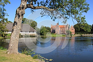 Blue sky, the tree and castle Egeskov in Danmark in the summer.