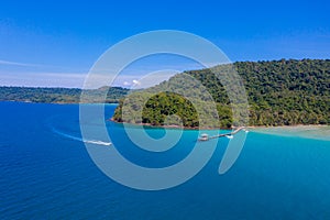 Blue sky and turqouise sea ocean at the island beside Koh Kood at the East of Thailand