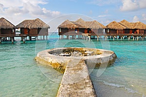 Blue sky turquoise water with round structure Long Awaited vacation on Overwater Bungalow at a tropical resort island, Maldives